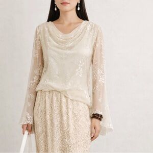 Adrianna Papell Beaded Evening Essentials Long Sleeve Rayon Silk Blouse Floral M